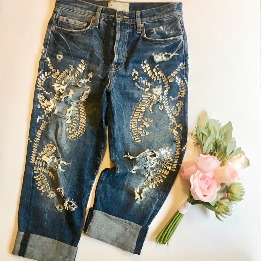 Free people high waisted button fly jeweled